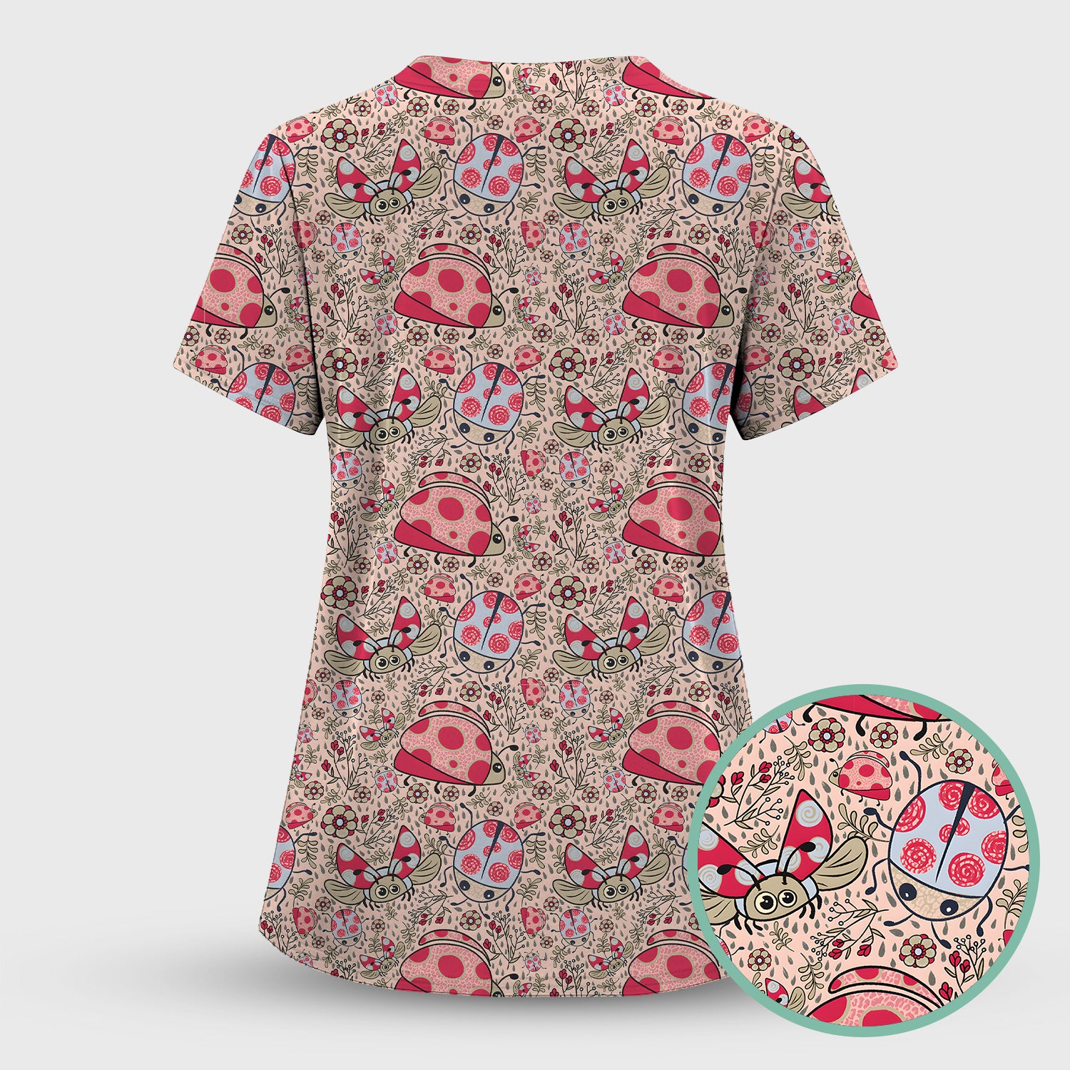 Cute Ladybug Rain Garden Pattern Scrub Top, Breathable Fabrics Nursing Uniform