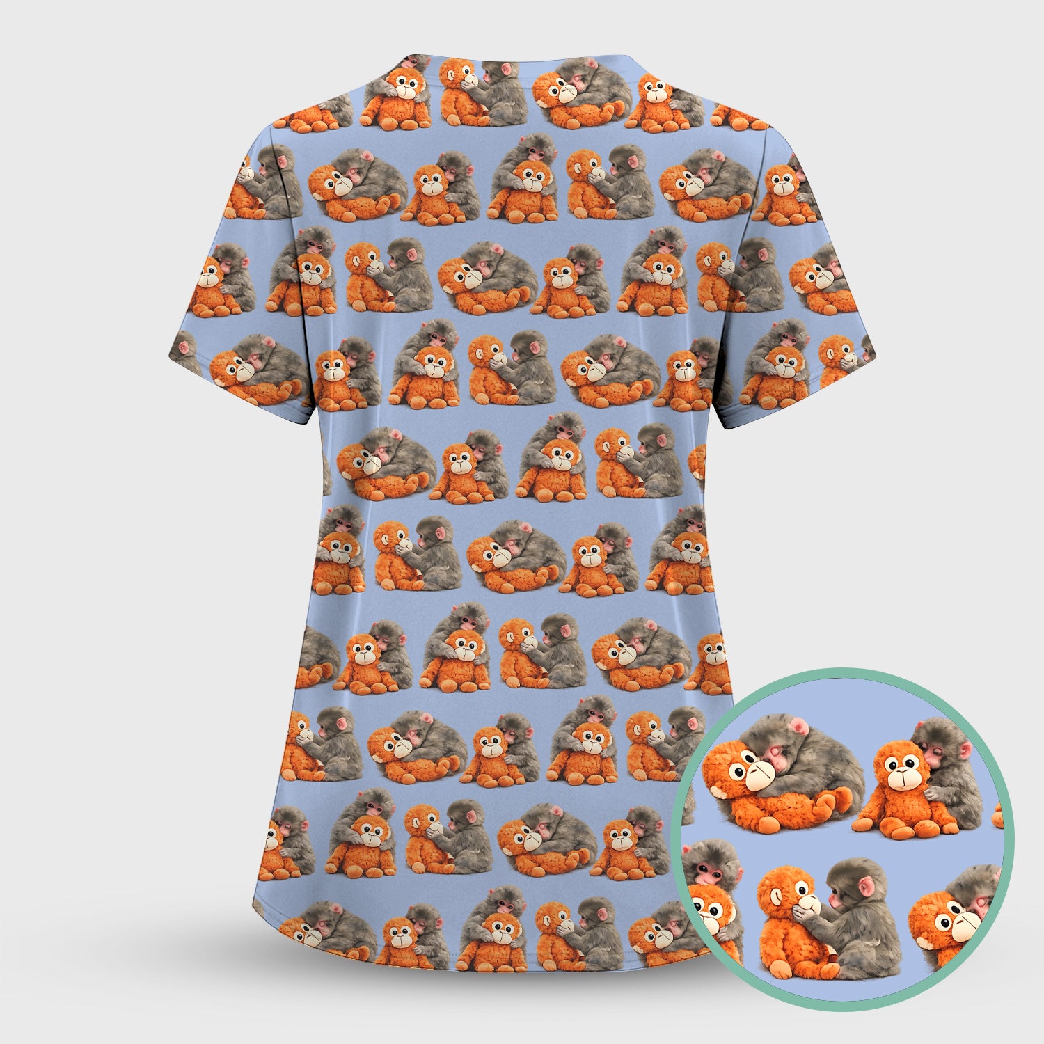 Cute Baby Monkey Plush Toy Animal Pattern Scrub Top, Breathable Medical Uniform Top