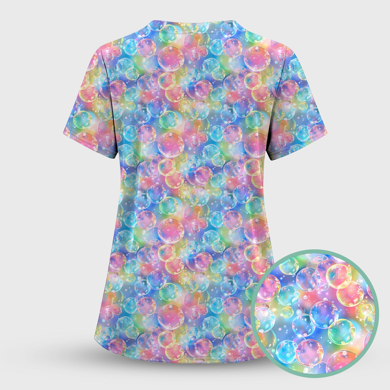 Colorful Floating Soap Bubble Pattern Scrub Top, Breathable Fabrics Nursing Uniform
