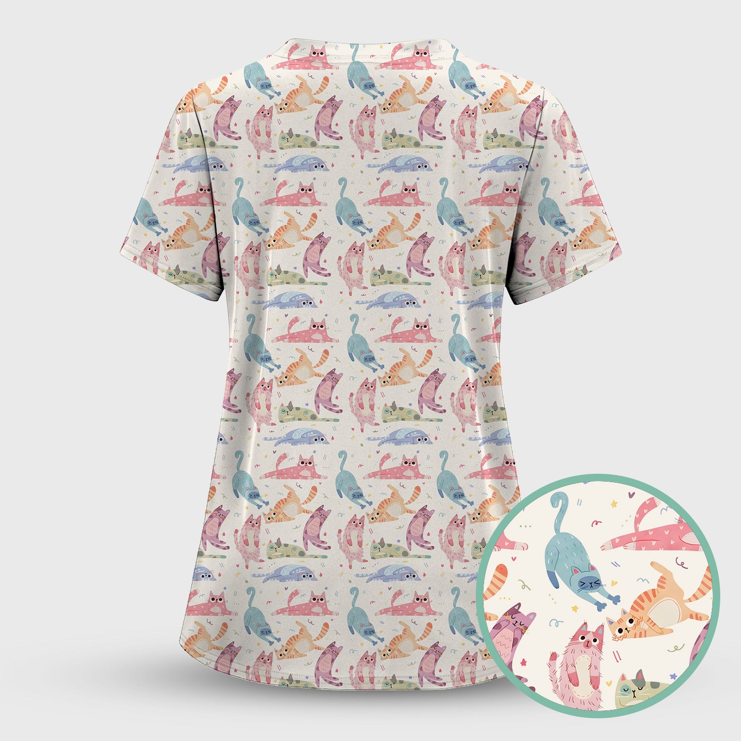 Funny Pastel Cat Pattern Medical Scrub Top, Breathable Fabrics Nursing Uniform