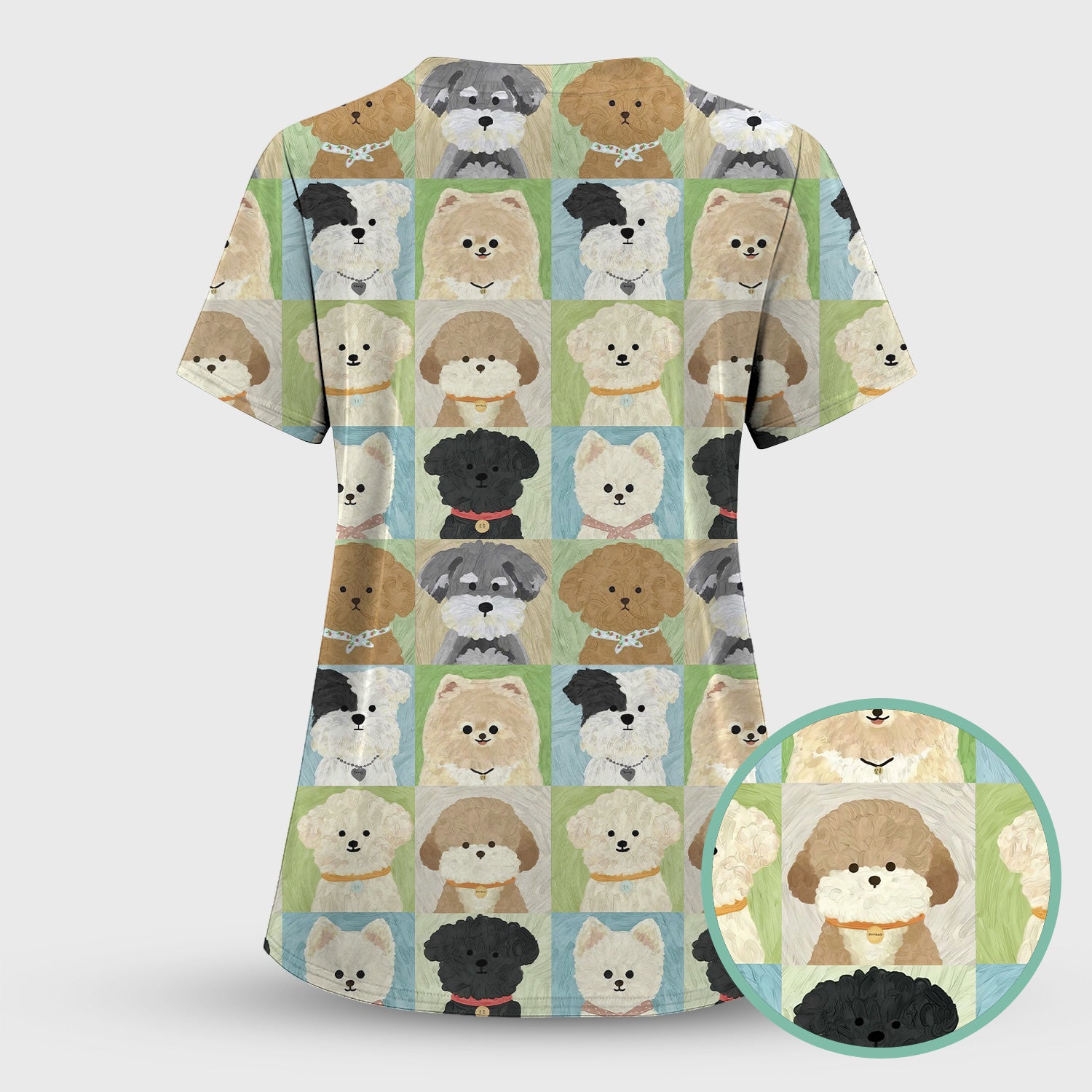 Adorable Different Dog Breeds Pattern Scrubs Top, Breathable Fabrics Nursing Uniform
