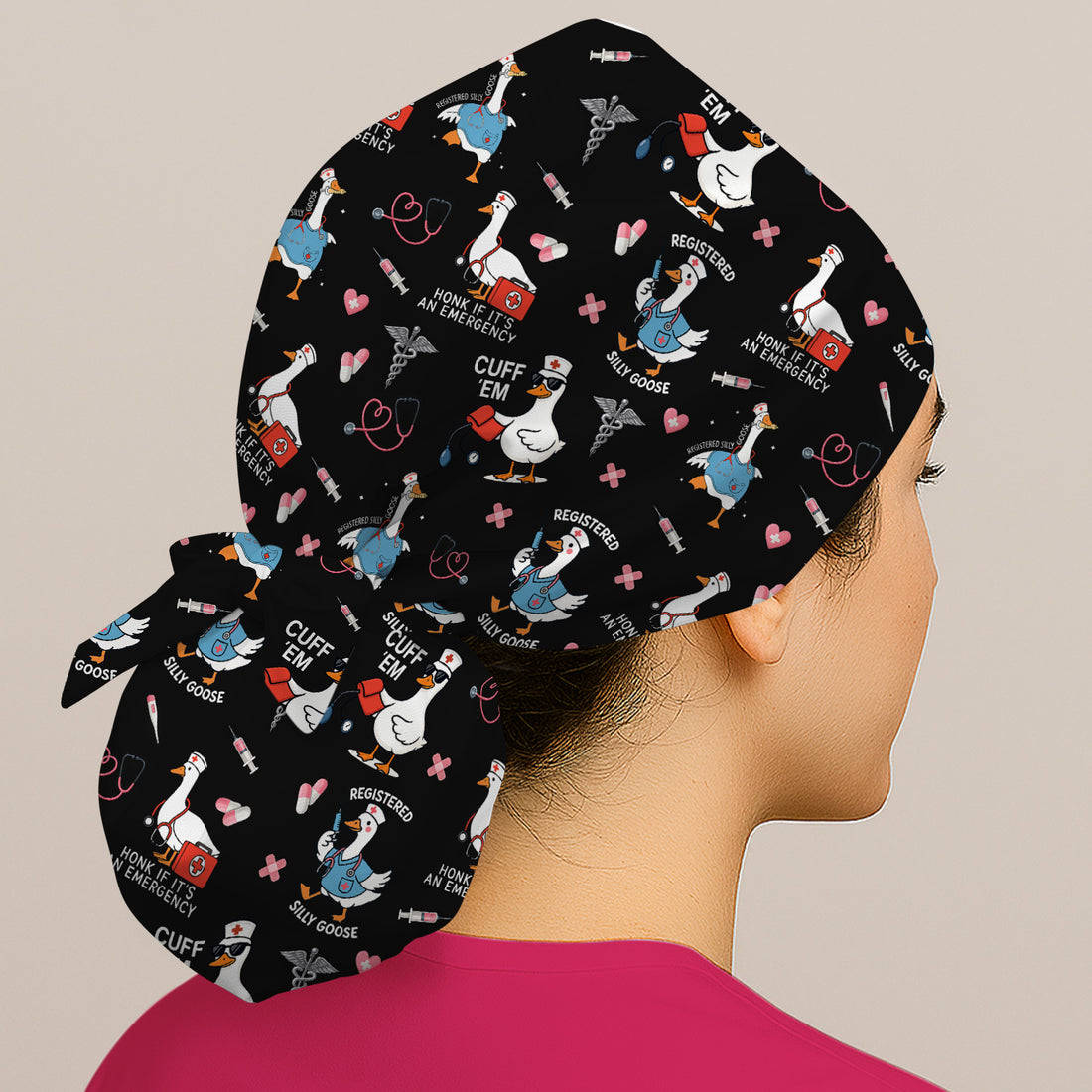 Humorous Goose Nurse Scrub Cap for Women - Medical Surgical Hat with Stethoscope & Heart Print - Gift for CNA, LPN, Medical Worker