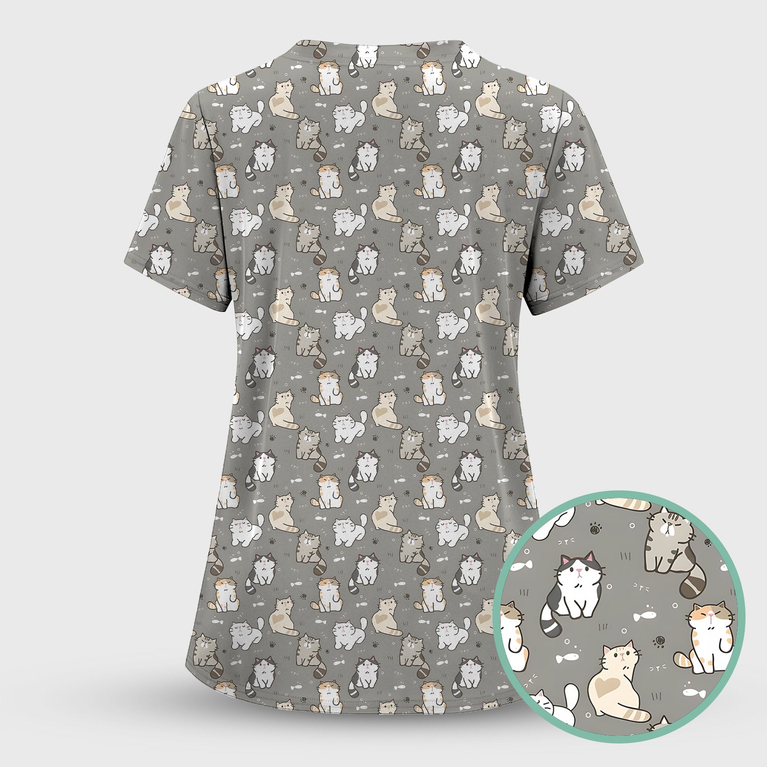 Pastel Cat Scrub Top, Cute Cat Pattern Nurse Shirt, Breathable Fabrics Nursing Uniform