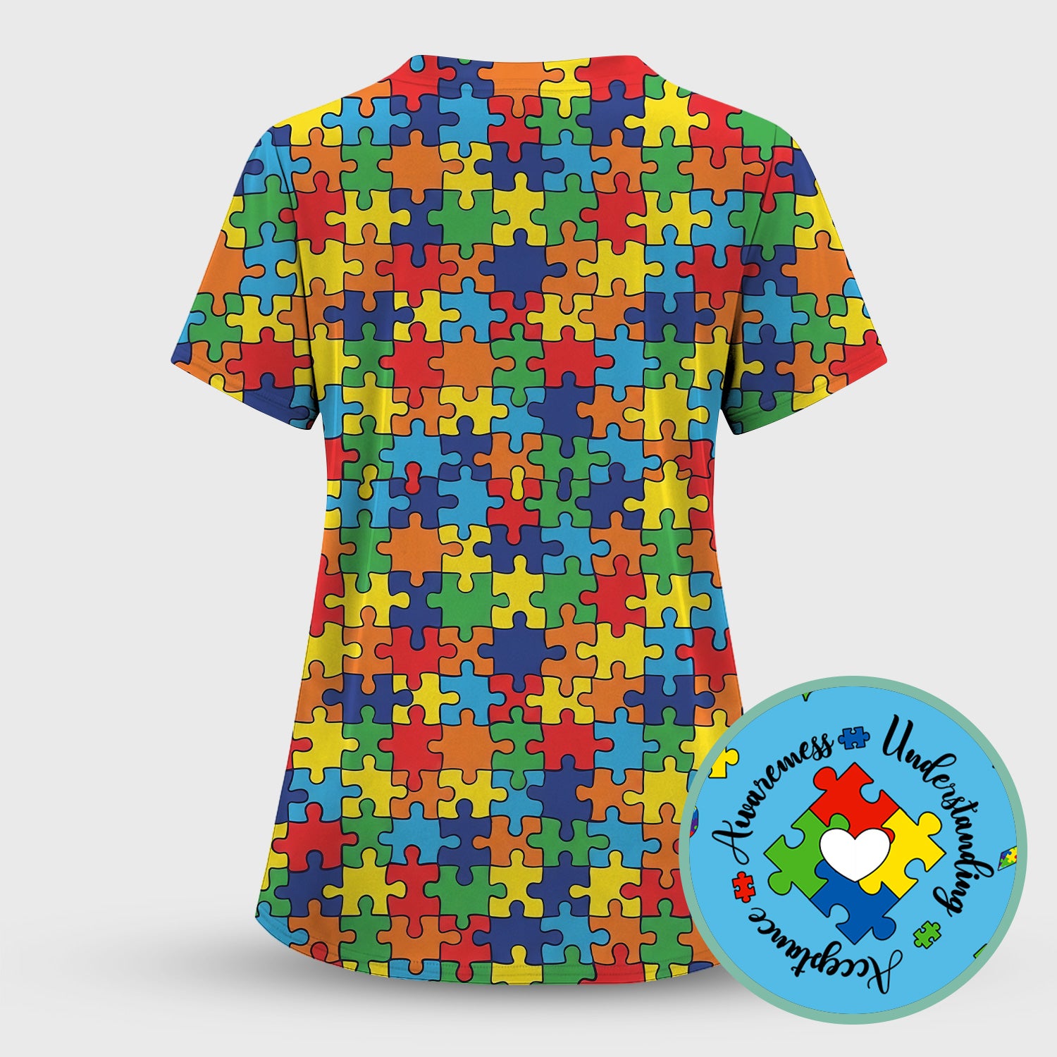 Autism Awareness Nurse Scrub Top, Puzzle Heart Print Full Design, Gift for Nurse