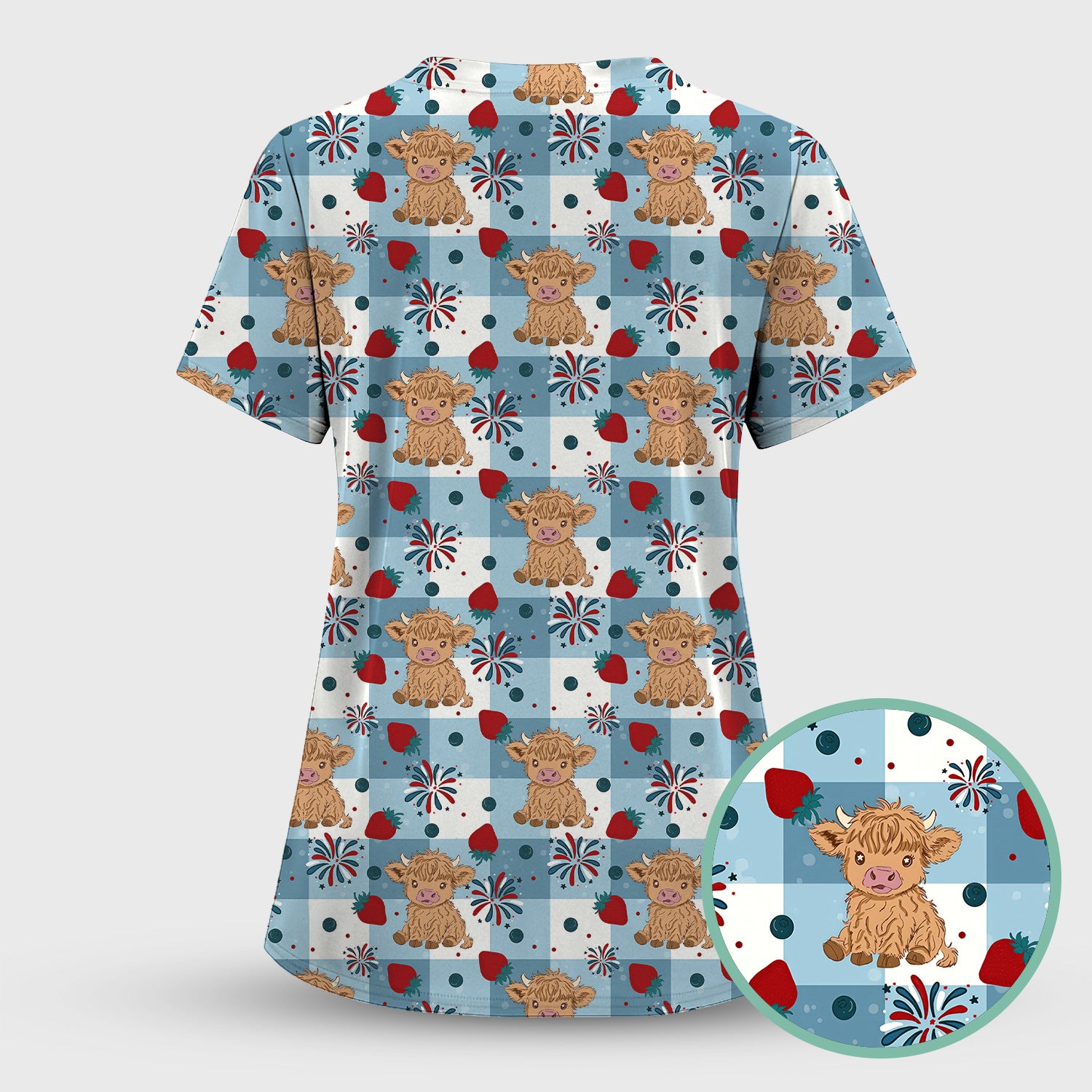 Highland Cow Strawberry Firework Gingham Pattern Scrub Top, Comfortable Scrubs for Nurses