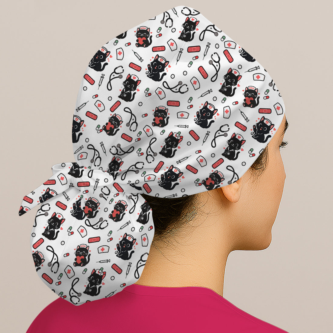 Cute Black Cat Nurse Scrub Cap for Women - Medical Surgical Hat with Stethoscope & Pill Print - Fun Gift for RN CNA LPN