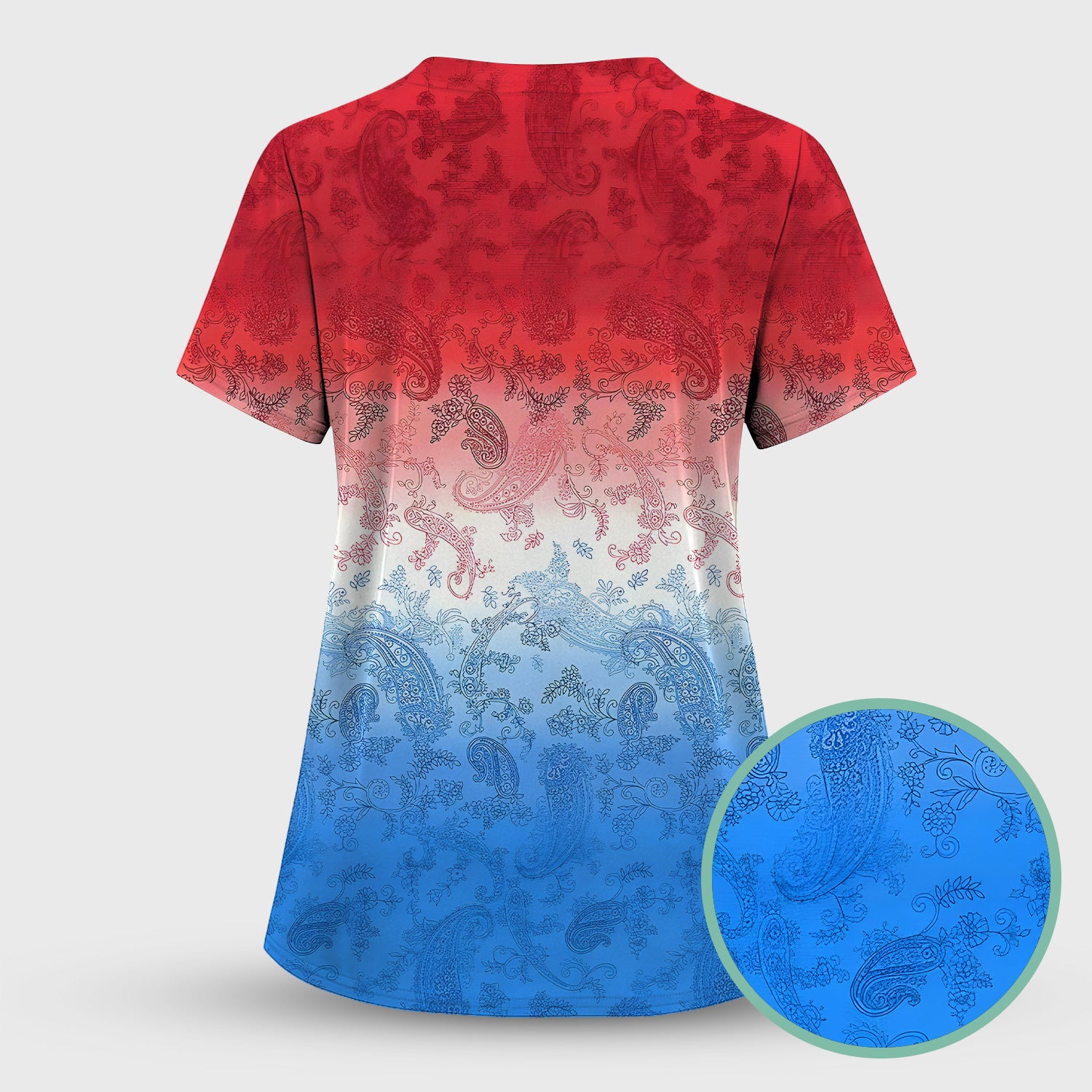 Red Blue Paisley Ombre Pattern Scrub Top, Comfortable Scrubs for Nurses