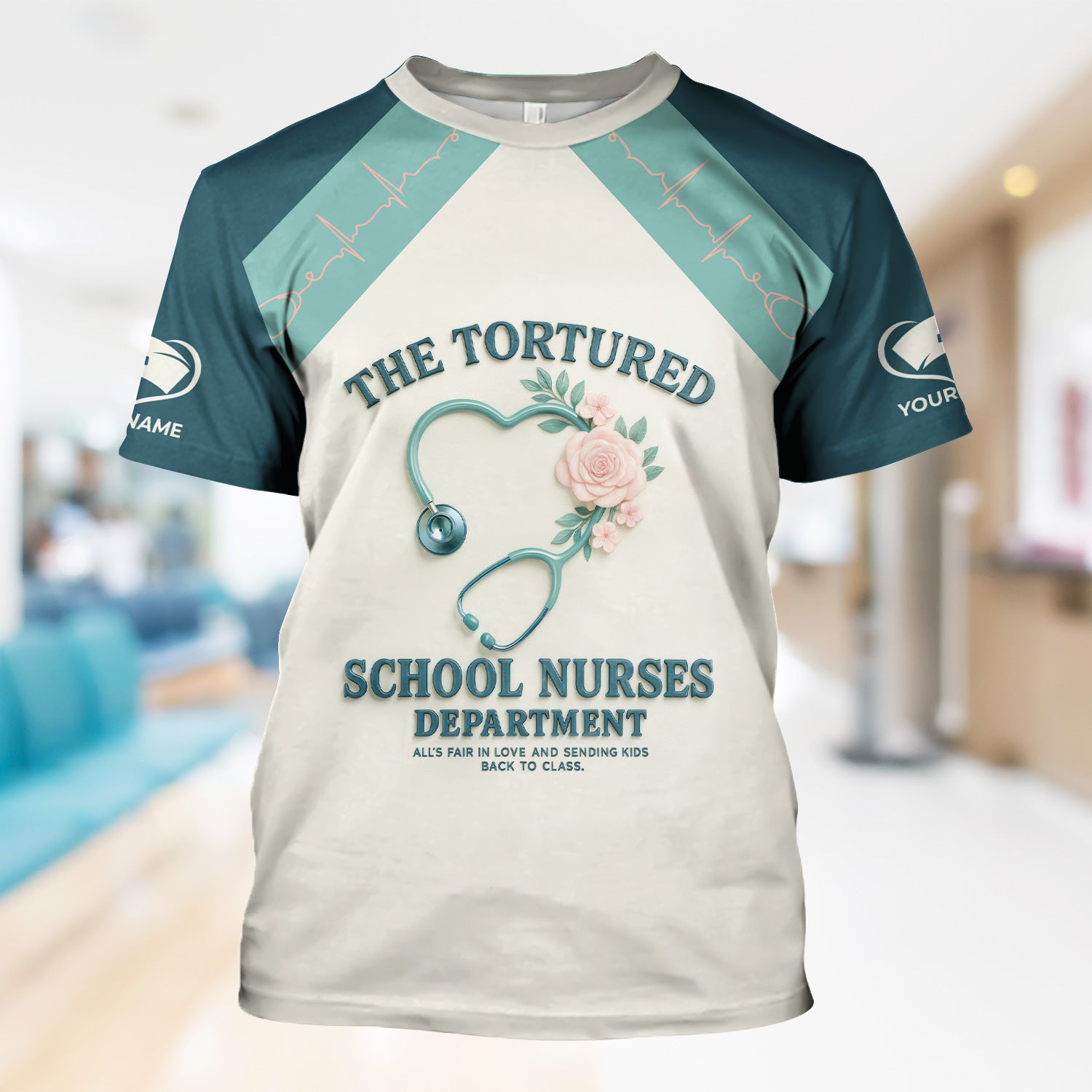 Personalized Funny School Nurse Scrub Top for Women - Heart Stethoscope Floral Design - Custom Name Gift for Teachers, Medical Staff
