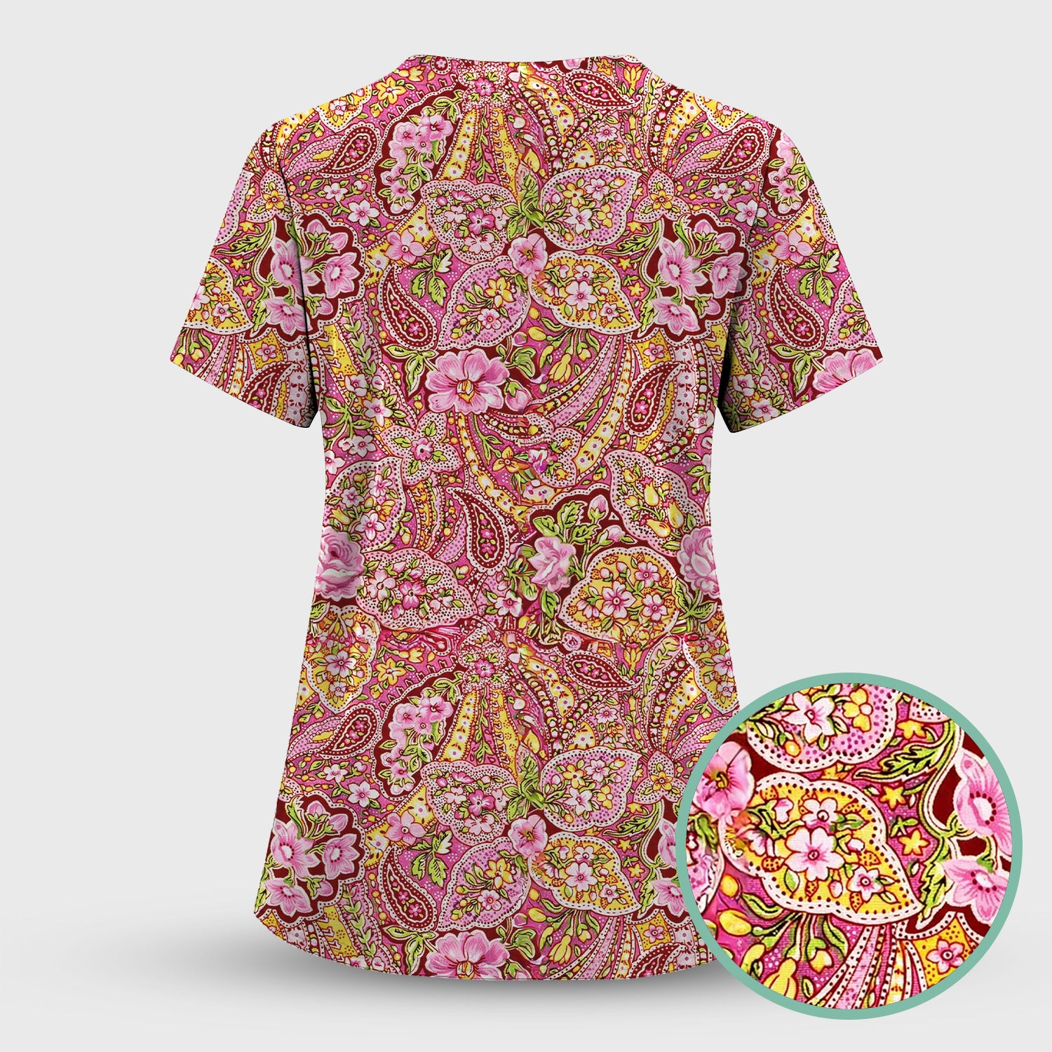 Pink Floral Paisley Blossom Print  Scrub Set, Scrub Pants and V Neck Top