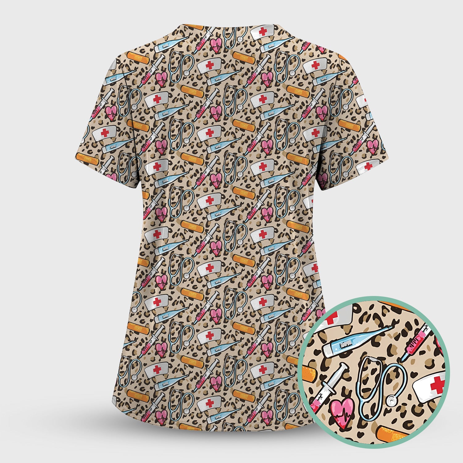 Leopard Medical Tools Pink Heart Print Scrub Top, Comfortable Scrubs for Nurses