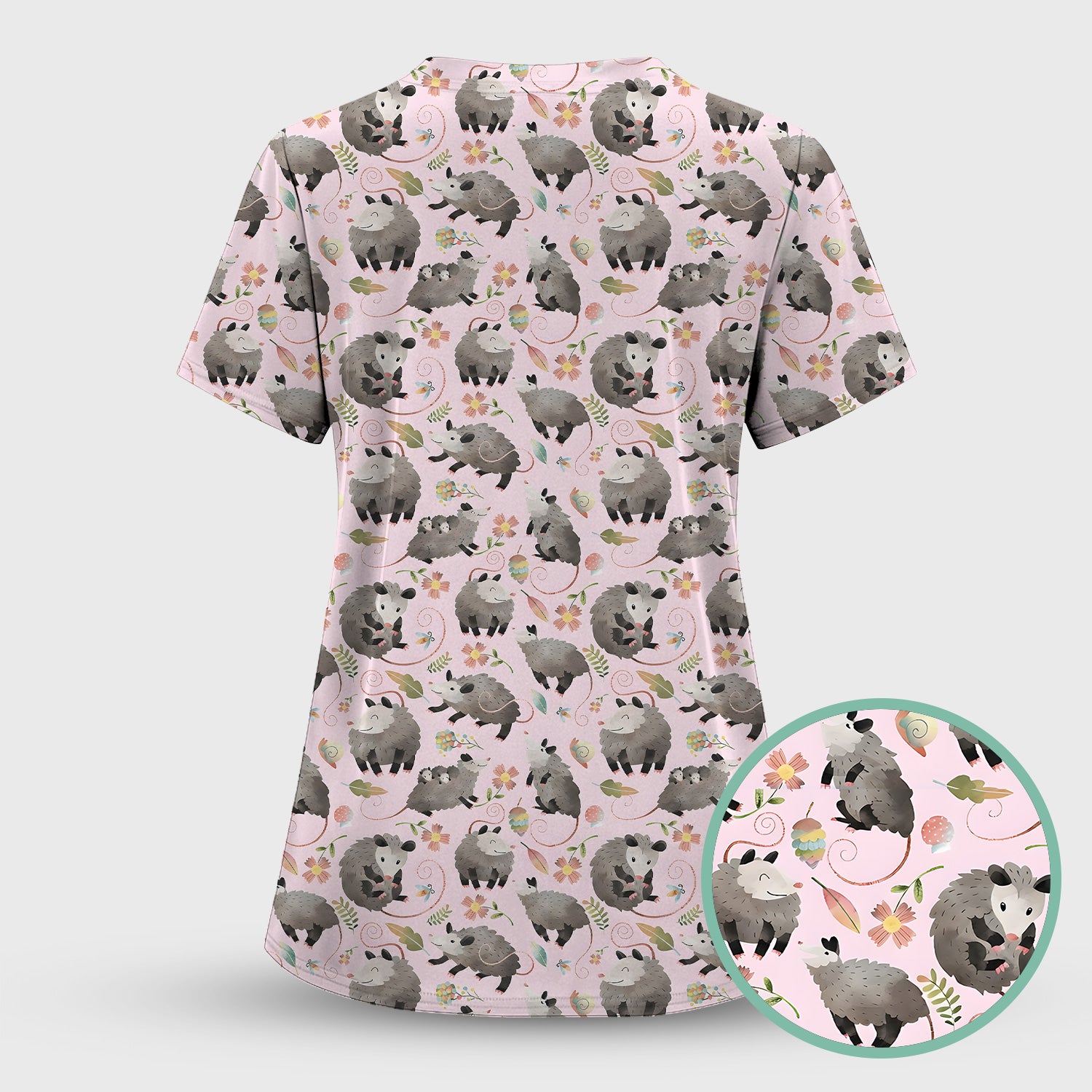 Cute Opossum Playing Flower Garden Pattern Scrub Set, Scrub Pants and V Neck Top