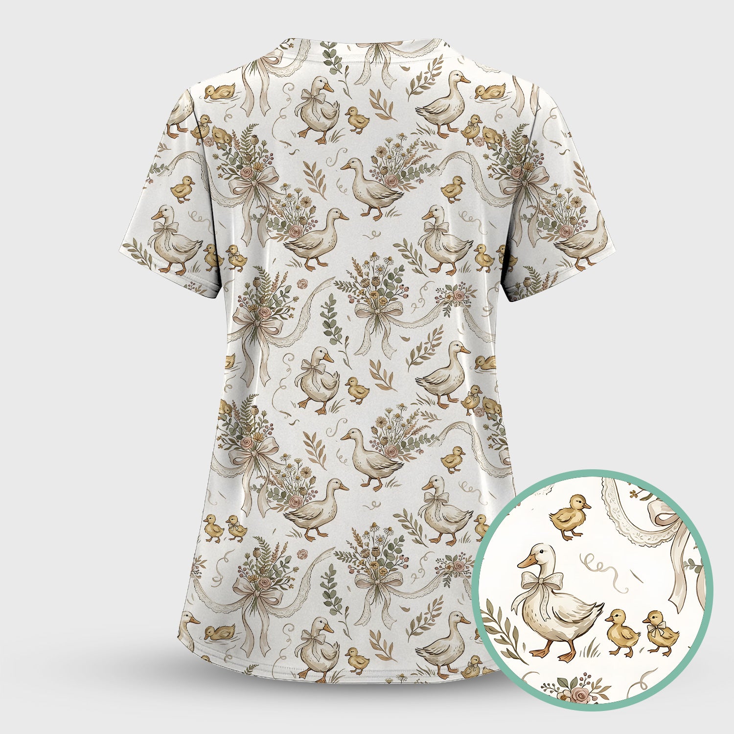 Vintage Duck Family Ribbon Floral Pattern Nurse Scrub Set, Scrub Pants and V Neck Top