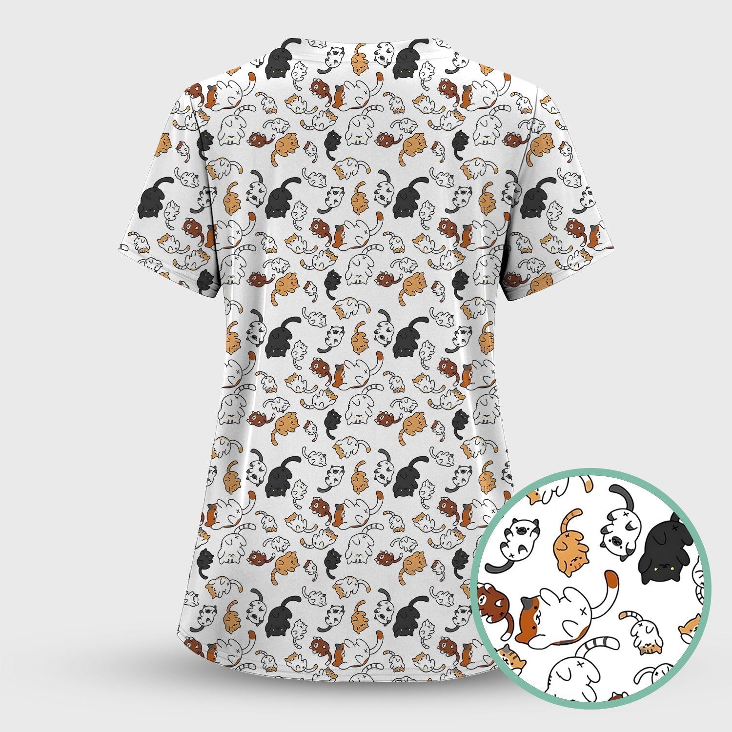Funny Cat Scrub Top, Cute Cat Pattern Nurse Shirt For Women, Breathable Fabrics Nursing Uniform