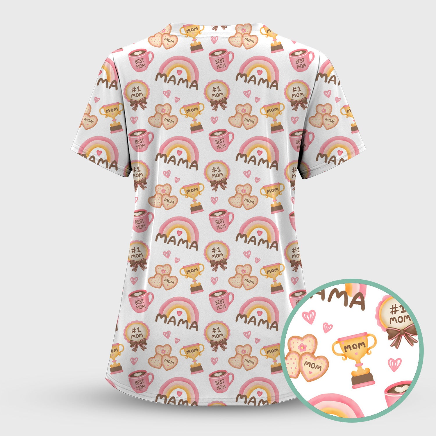 Sweet Nurse Mama Rainbow Trophy Heart Pattern Scrub Set, Scrub Pants and V Neck Top