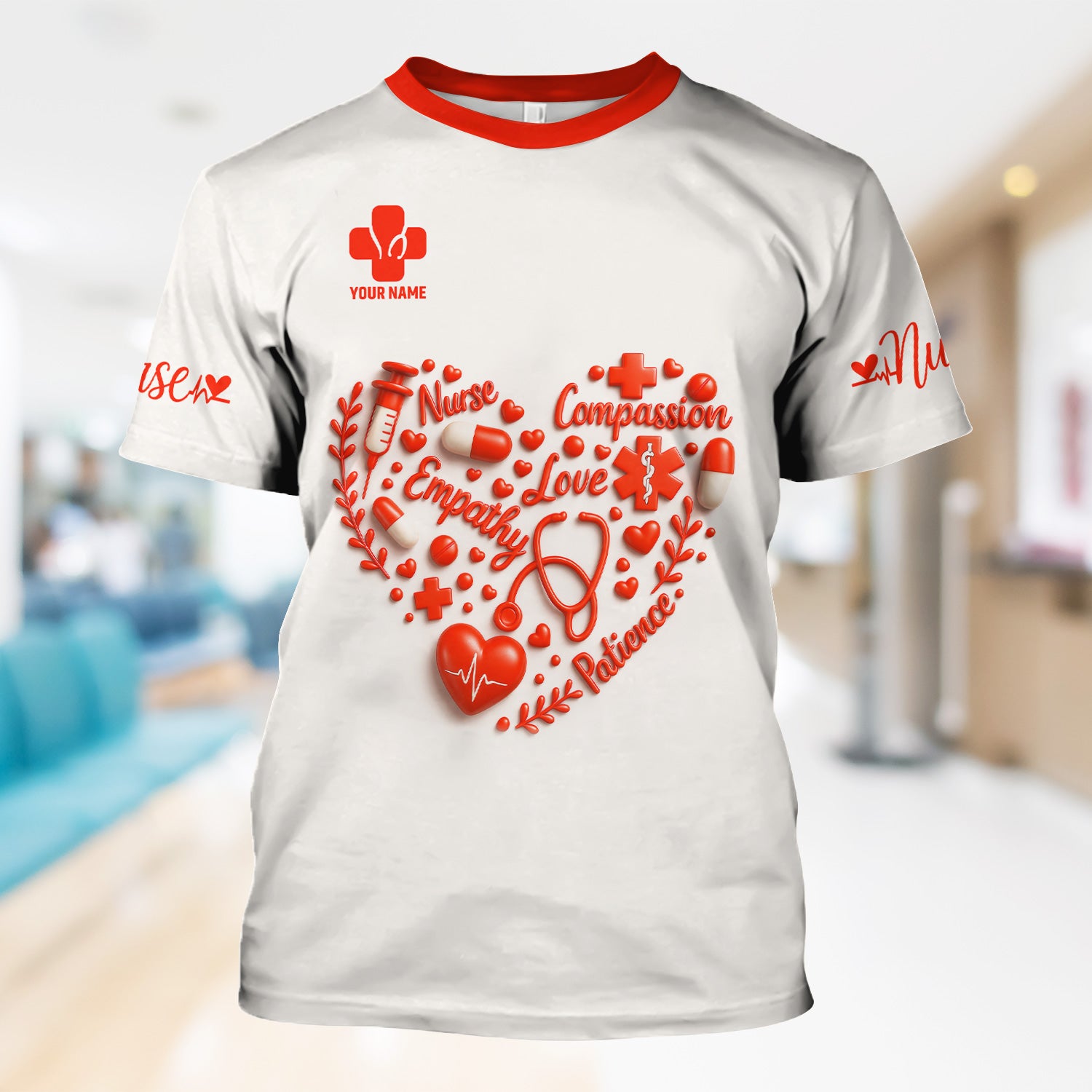 Heart Word Art Nurse Scrub Top - Compassion Empathy Love Design - Gift for RN CNA LPN Women in Healthcare