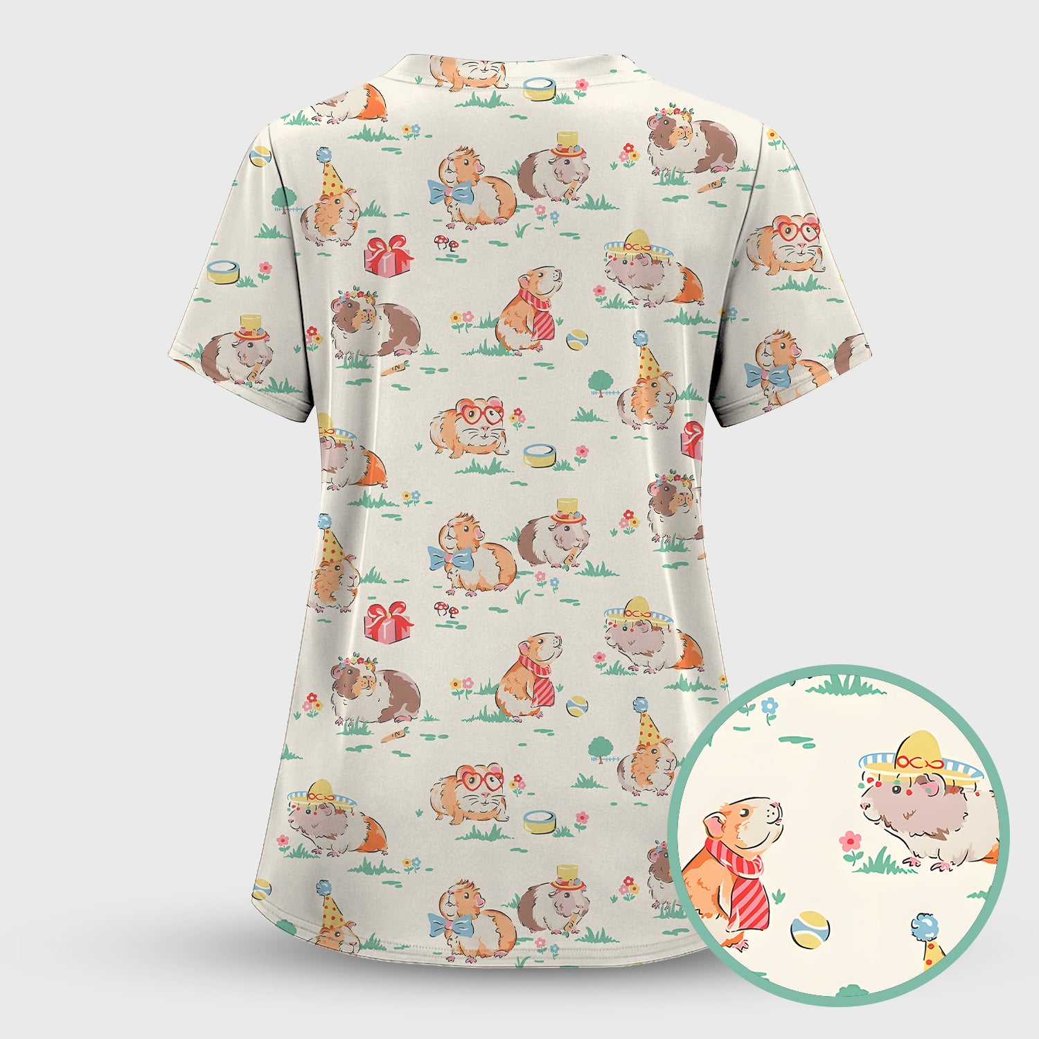 Cute Guinea Pig Party Nurse Pattern Scrub Set, Scrub Pants and V Neck Top