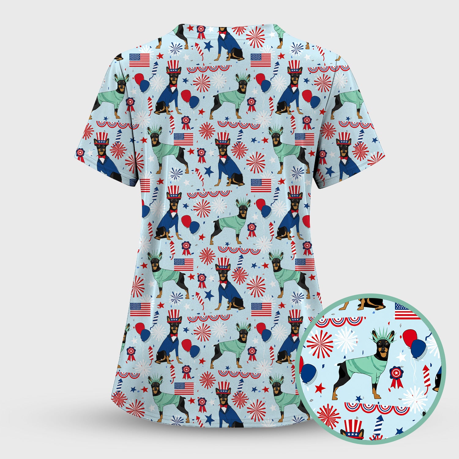 Patriotic Doberman Liberty Fireworks Pattern Scrub Set, Scrub Pants and V Neck Top