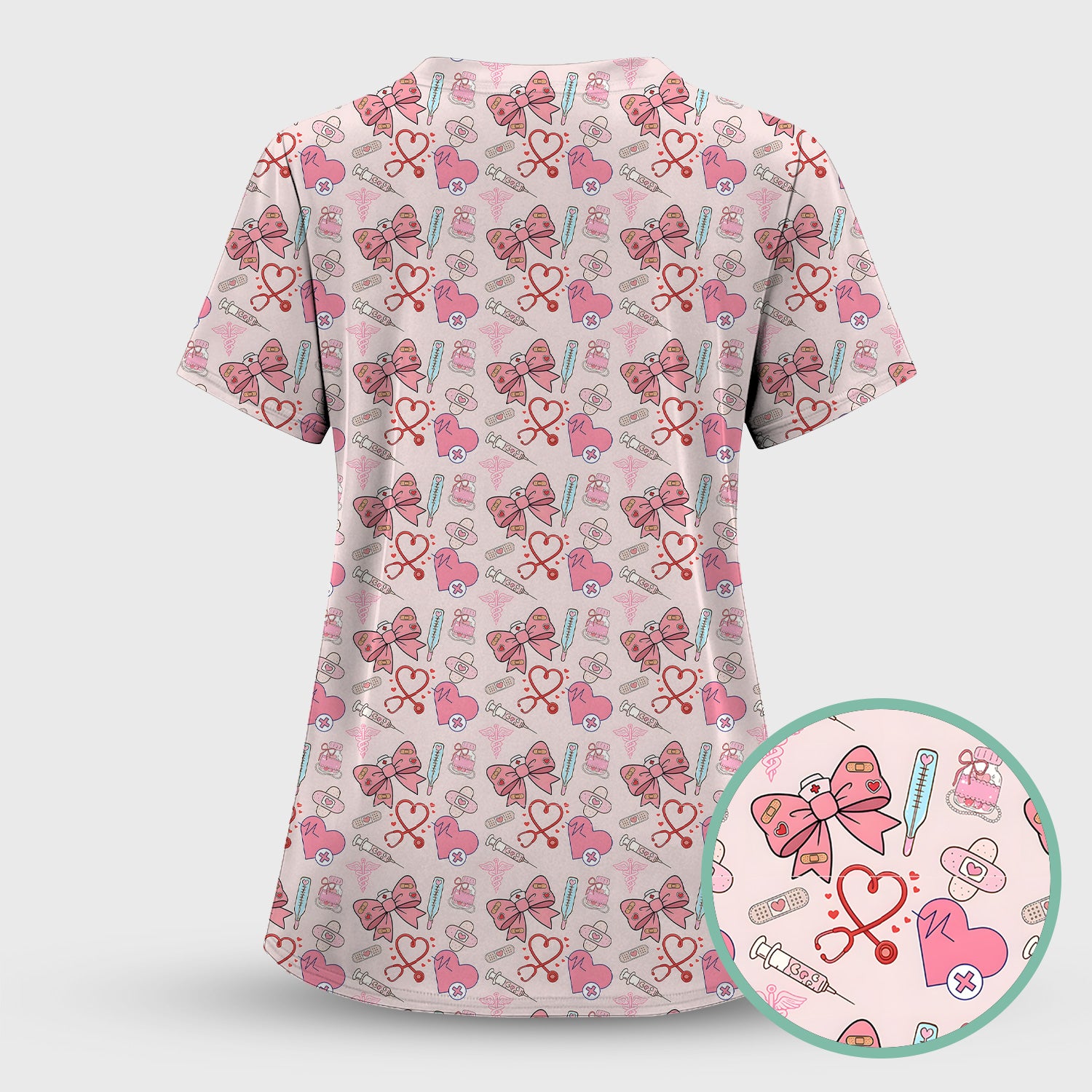 Pink Nurse Bow Heart Print Scrub Set, Scrub Pants and V Neck Top