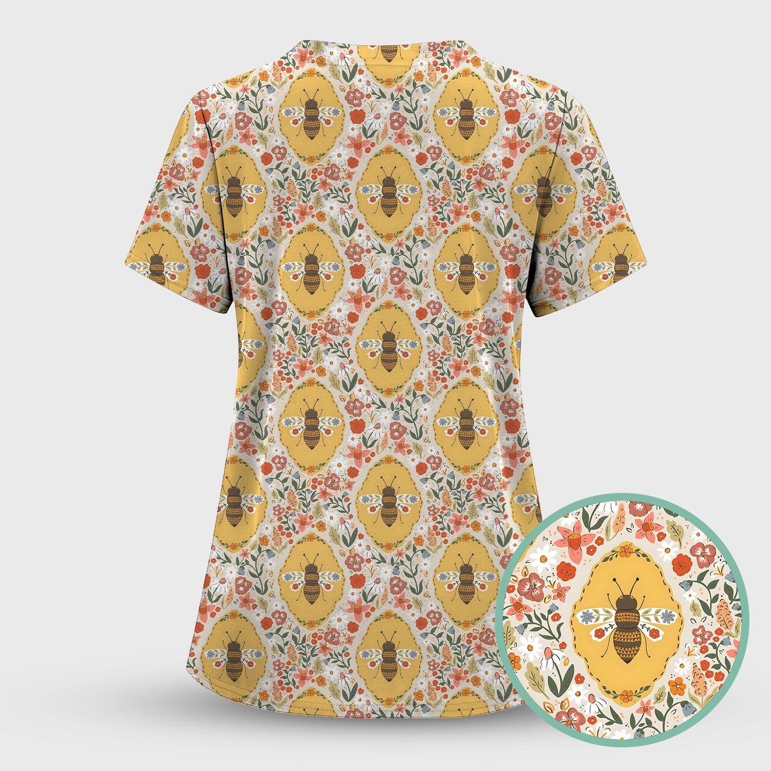 Vintage Honeybee Floral Garden Pattern Nurse Scrub Set, Scrub Pants and V Neck Top