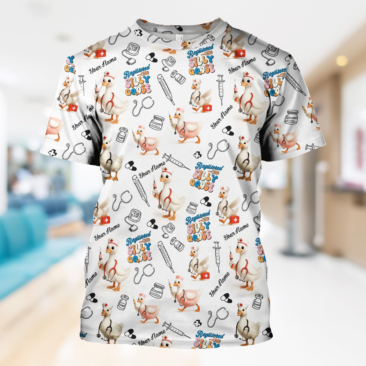 Funny Silly Goose Nurse Scrub Top Personalized Name - Cute Custom Uniform for RN LPN CNA - White V Neck Shirt for Women in Healthcare