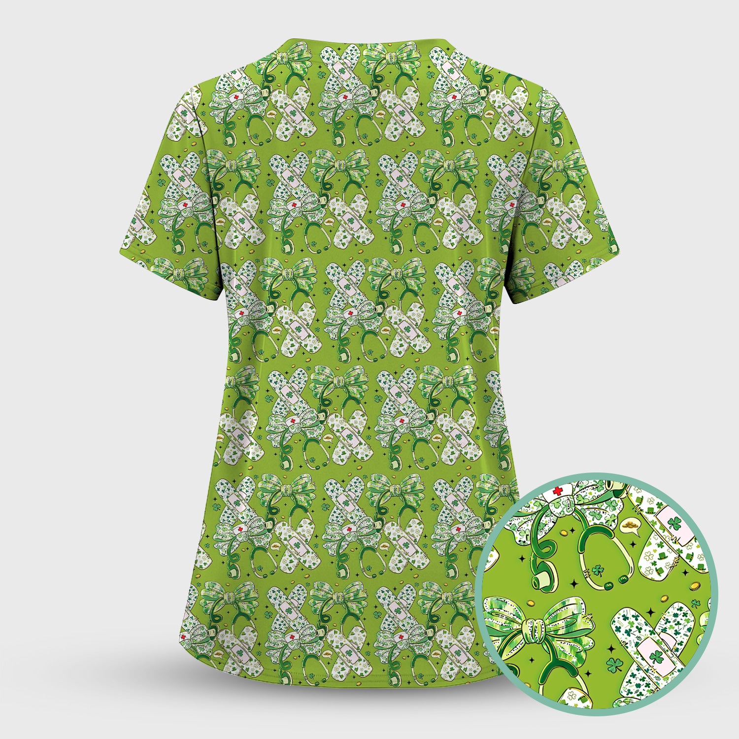 St Patrick Shamrock Stethoscope Bow Print Scrub Set, Breathable Med Uniform