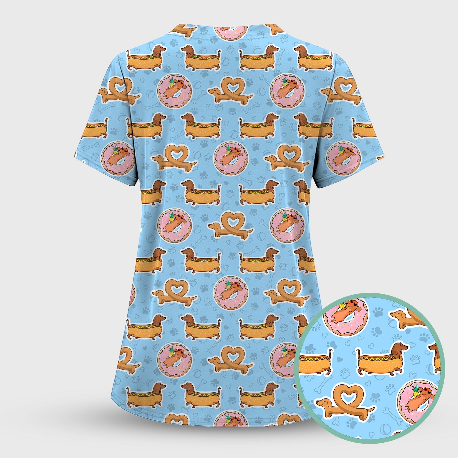 Cute Dachshund Donut Heart Pattern Scrub Set, Scrub Pants and V Neck Top