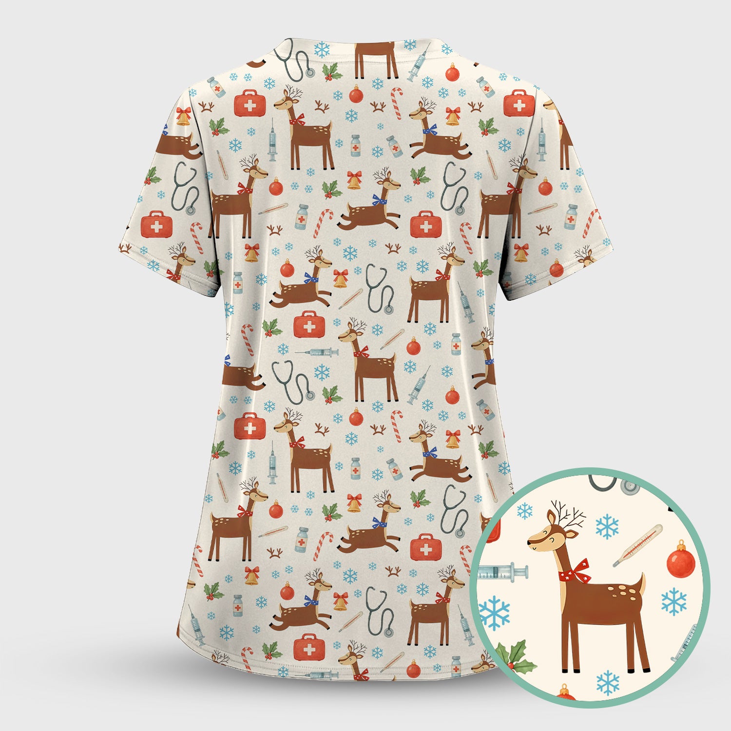 Reindeer Christmas Scrub Top - Snowflakes Candy Canes Holiday Medical Shirt - Xmas Scrubs for Women RN CNA LPN