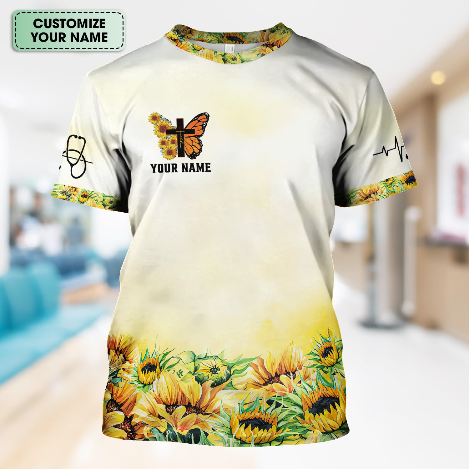 Personalized Christian Nurse Scrub Top - Sunflower Butterfly Cross & Bible Verse - Gift for RN LPN CNA Healthcare Workers