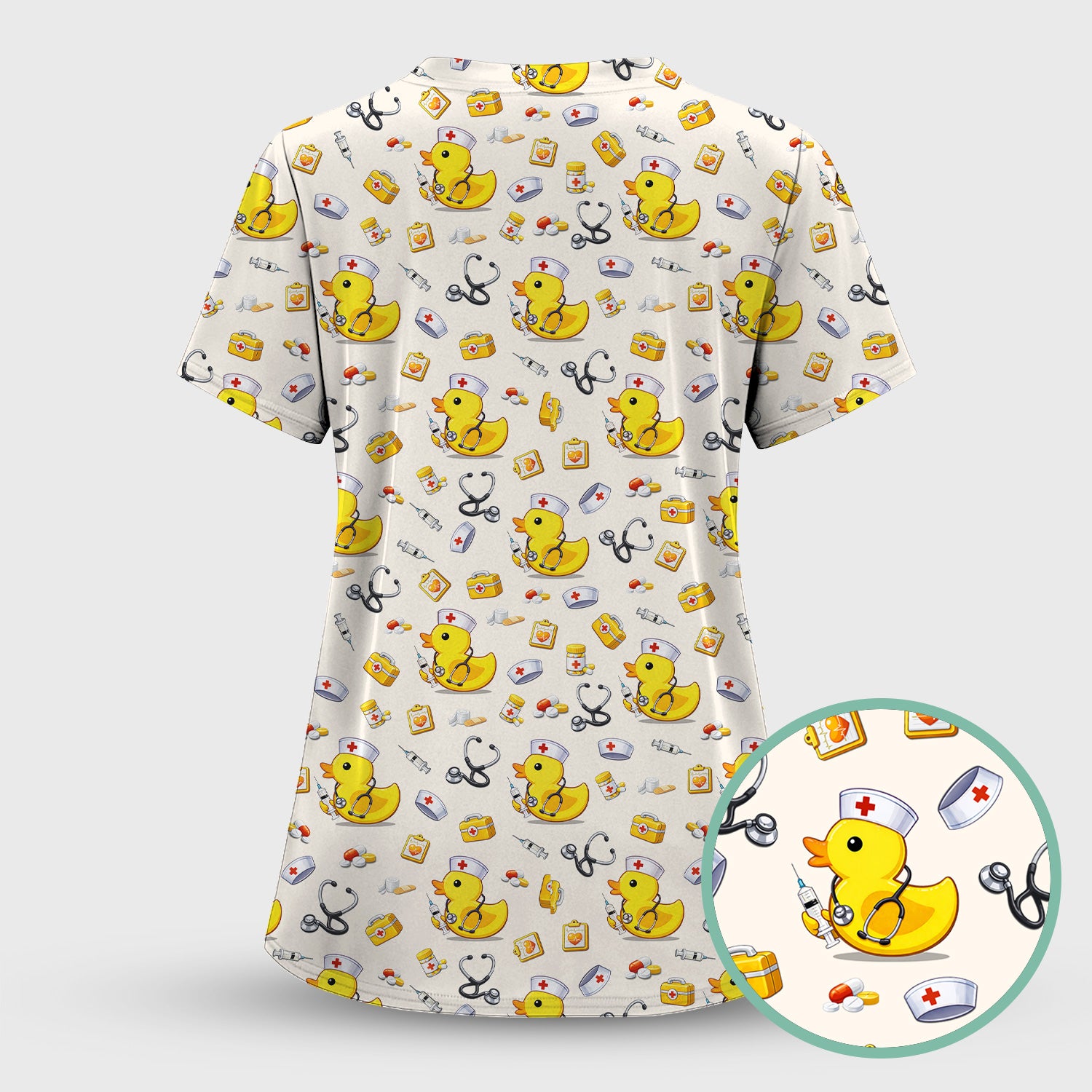 Playful Medical Duck Print Nurse Scrub Top, Comfortable Scrubs for Nurses