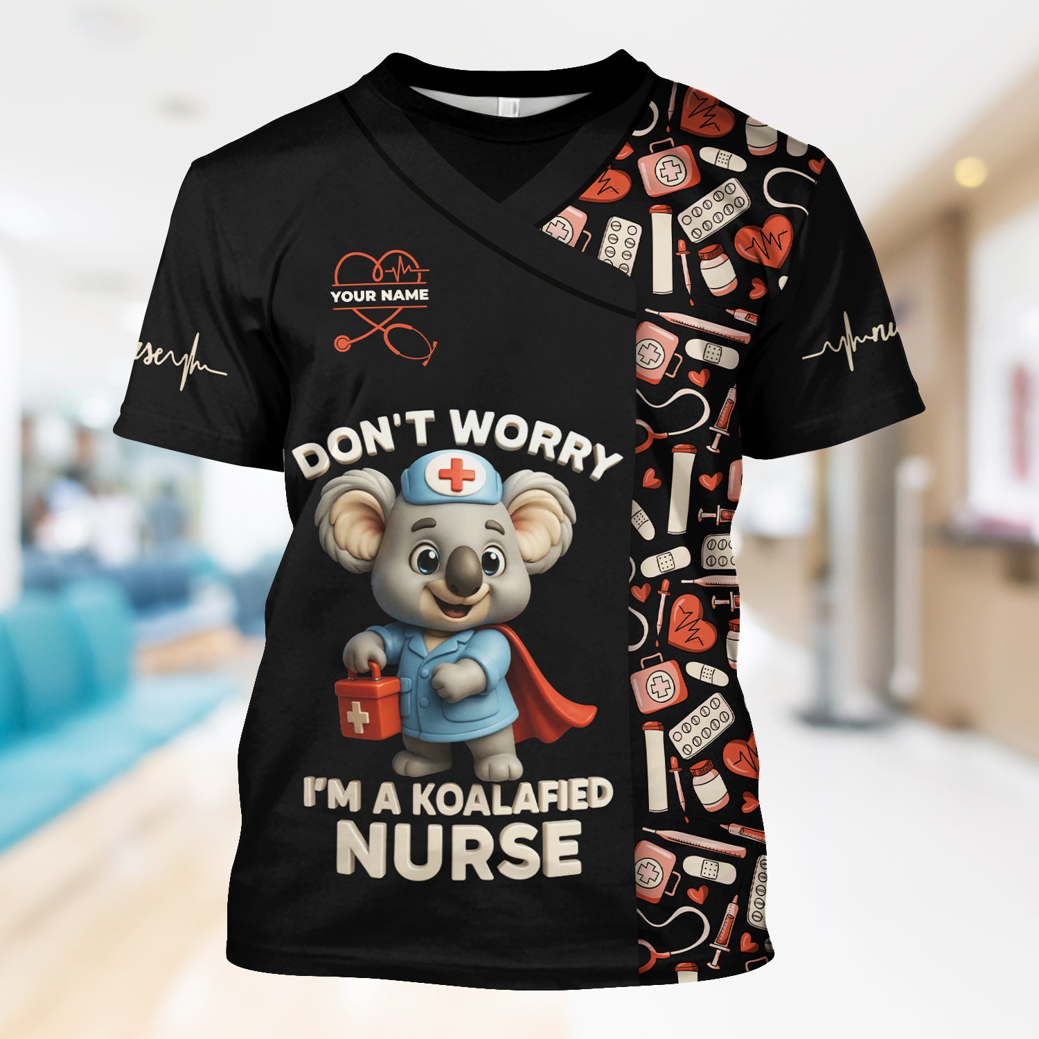 Custom Cute Animal Nurse Shirt - Superhero Koala & Medical Tools Graphic Tee - Gift for RN LPN CNA