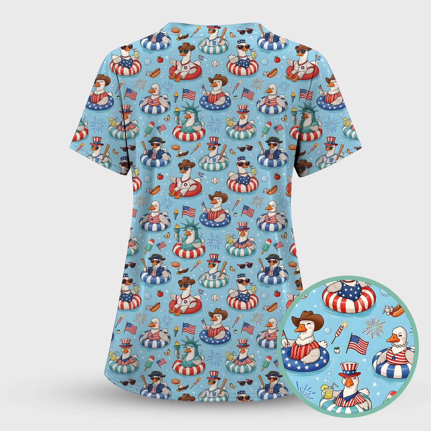 Funny Patriotic Duck Pool Party Pattern Scrub Set, Scrub Pants and V Neck Top