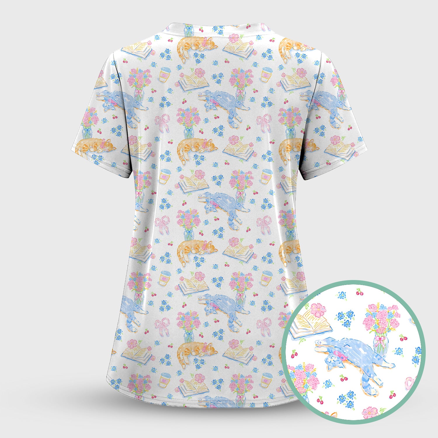 Cute Cats Reading Floral Books Pattern Scrub Top, Comfortable Scrubs for Nurses