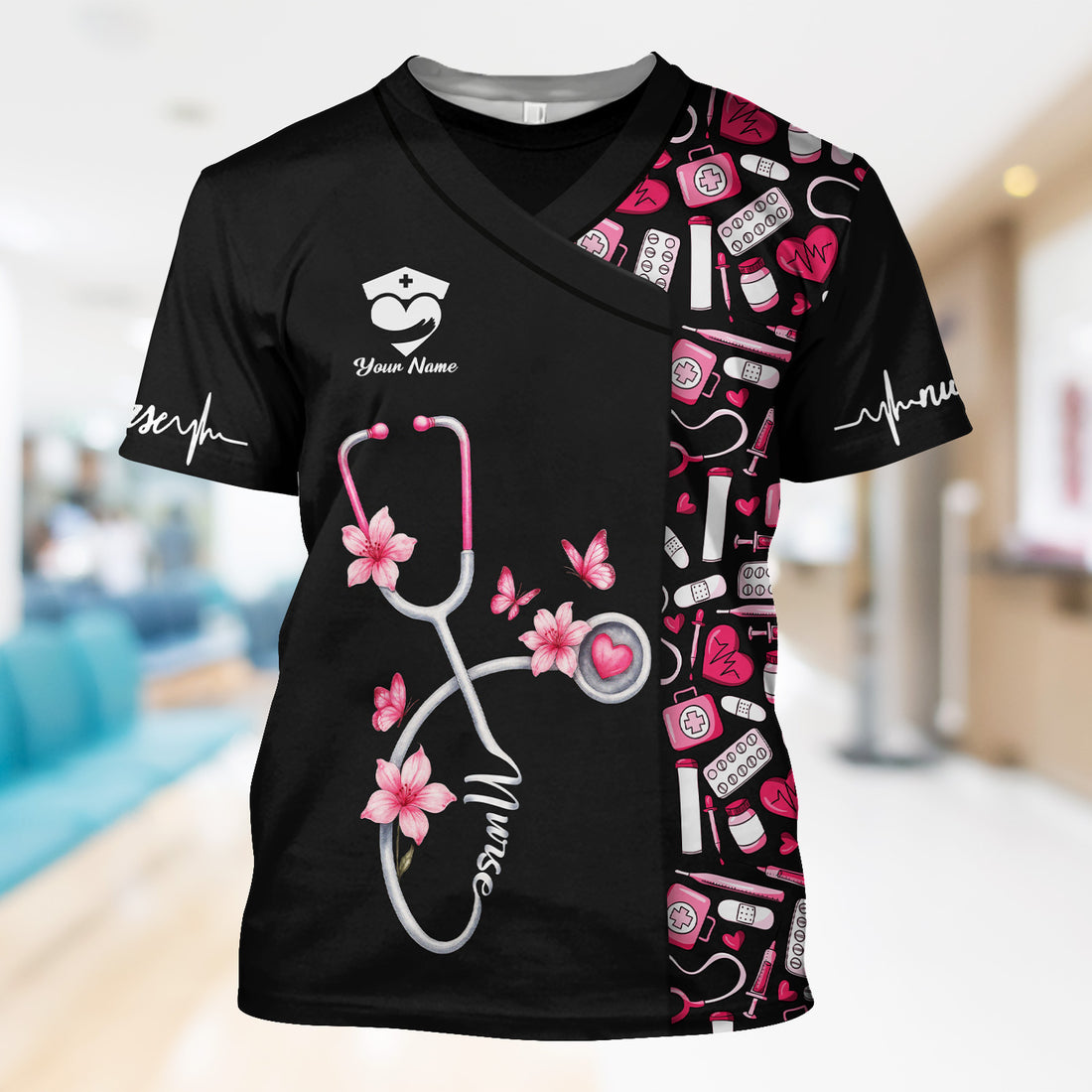 Personalized Nurse Shirt for Women - Pink Stethoscope Floral Medical Design - Cute Gift for RN, CNA, LPN, Medical Staff