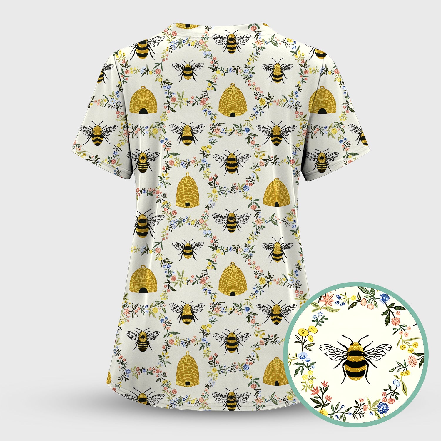 Honey Bee Beehive Floral Pattern Scrub Top, Comfortable Scrubs for Nurses