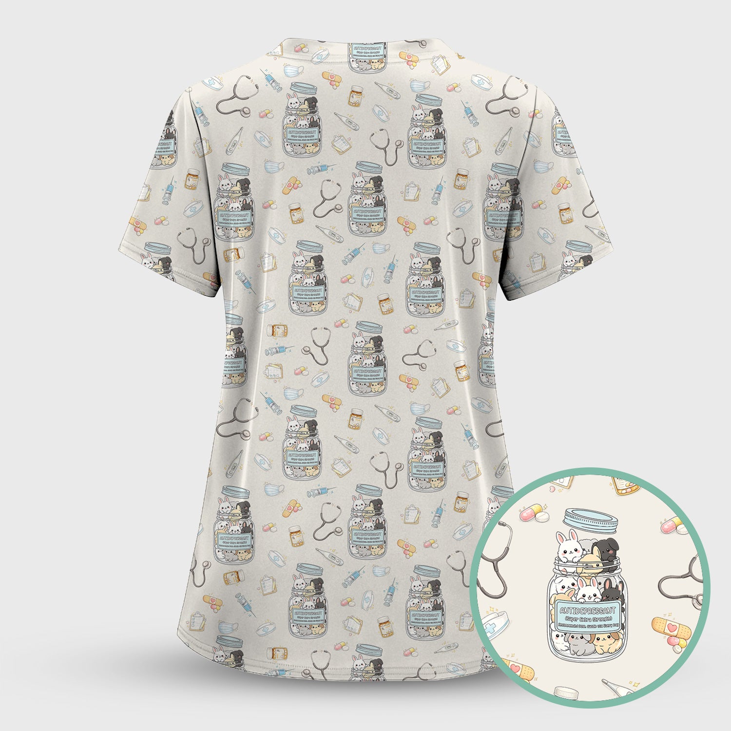 Whimsical Antidepressant Rabbit Jar Design Nurse Scrub Top, Soft & Breathable Workwear