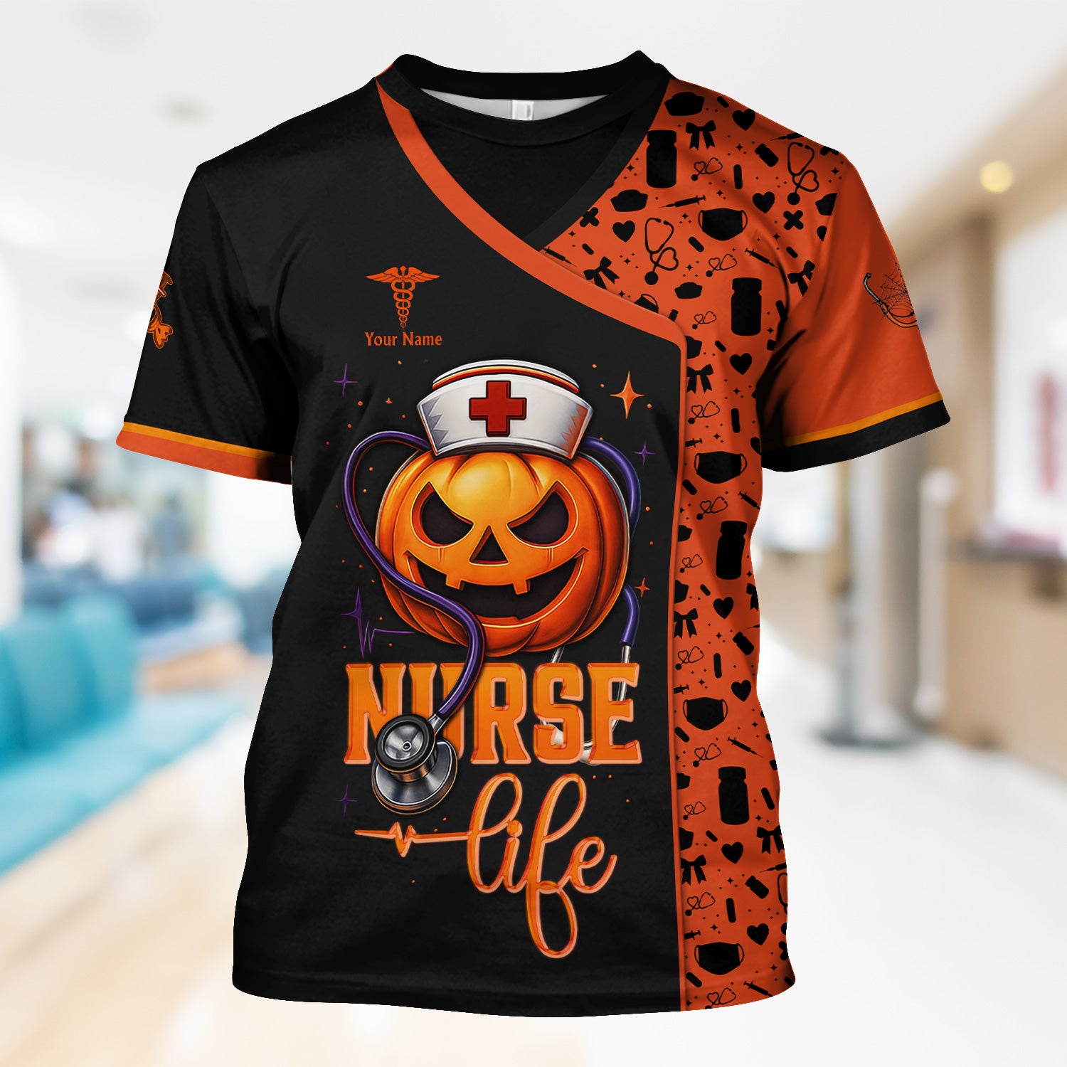 Custom Halloween Nurse Scrub Top with Pain Scale - Personalized Medical Uniform for RN CNA LPN - Gift for Medical Professionals