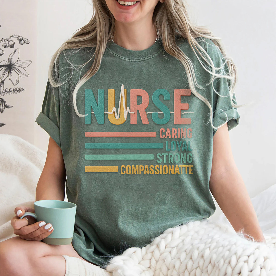 Personalized Caring Loyal Strong Nurse T-Shirt – Colorful Text RN Tee – Gift for Nurse Week Retirement RN CNA LPN