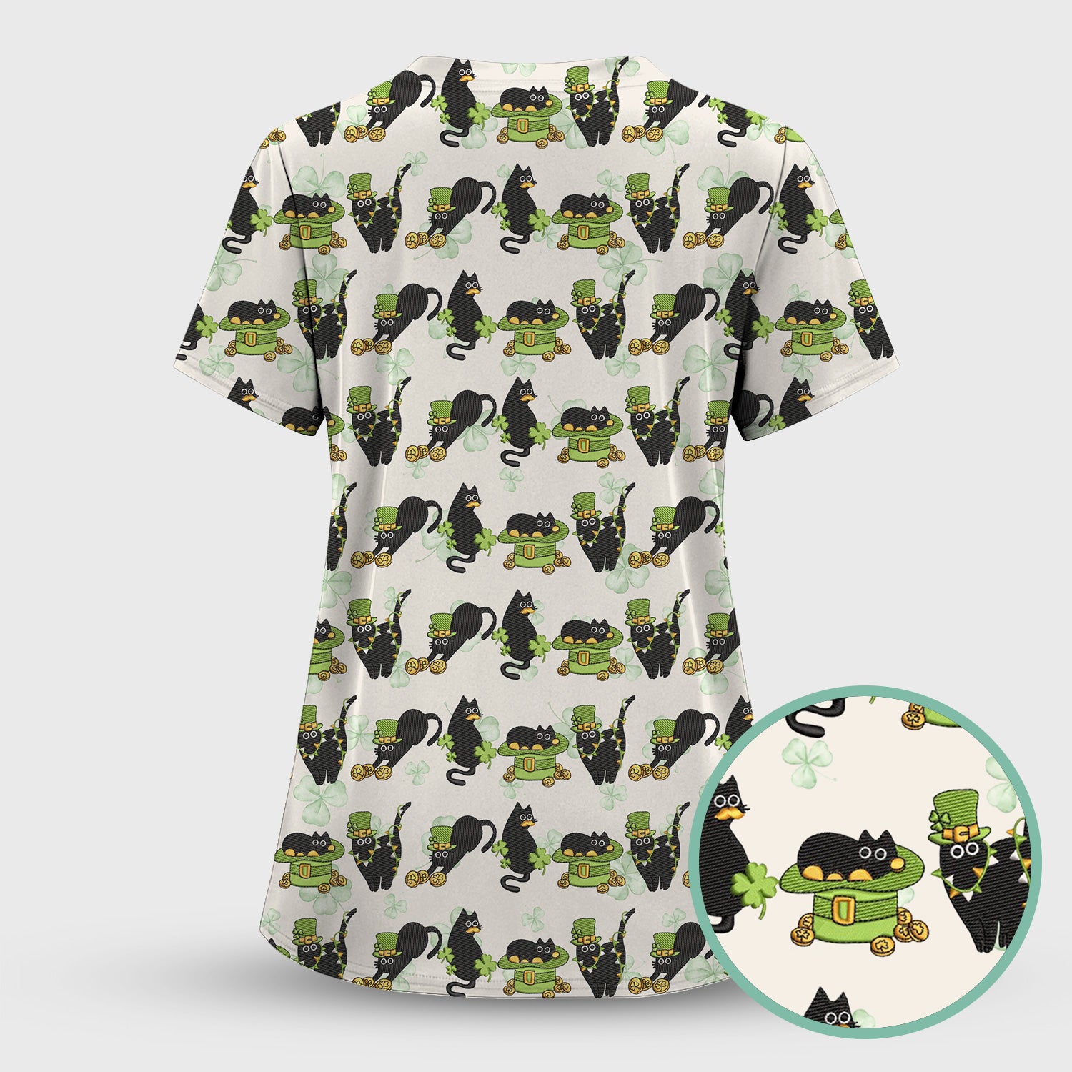 St. Patrick Black Cat Clover Print Nurse Scrub Top, Comfortable Scrubs for Nurses