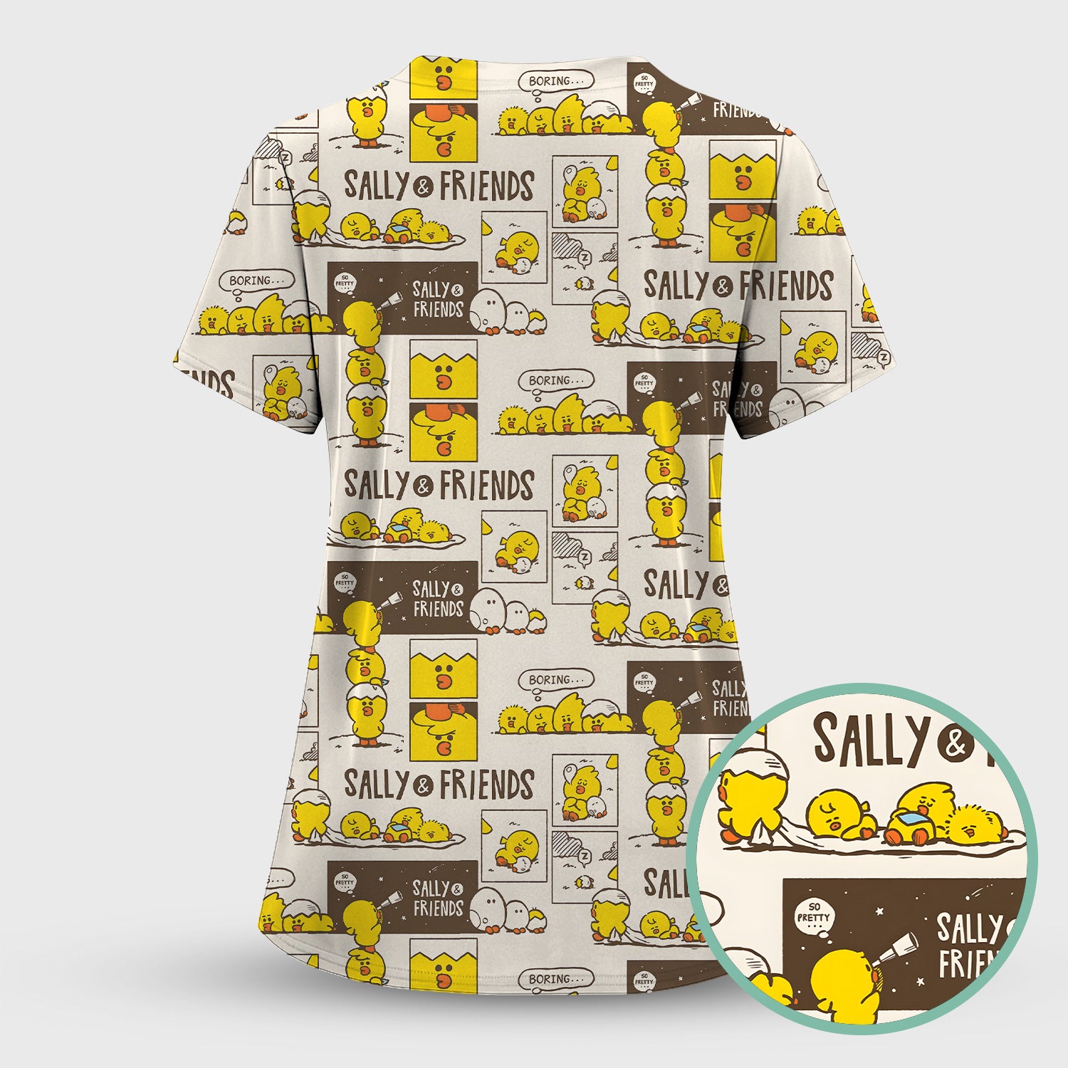 Cute Cartoon Chick Comic Pattern Scrub Set, Scrub Pants and V Neck Top