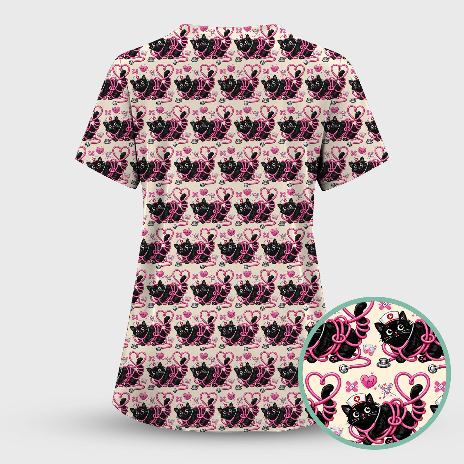 Valentine Cute Cat Nurse Heart Print Scrub Top, Comfortable Scrubs for Nurses