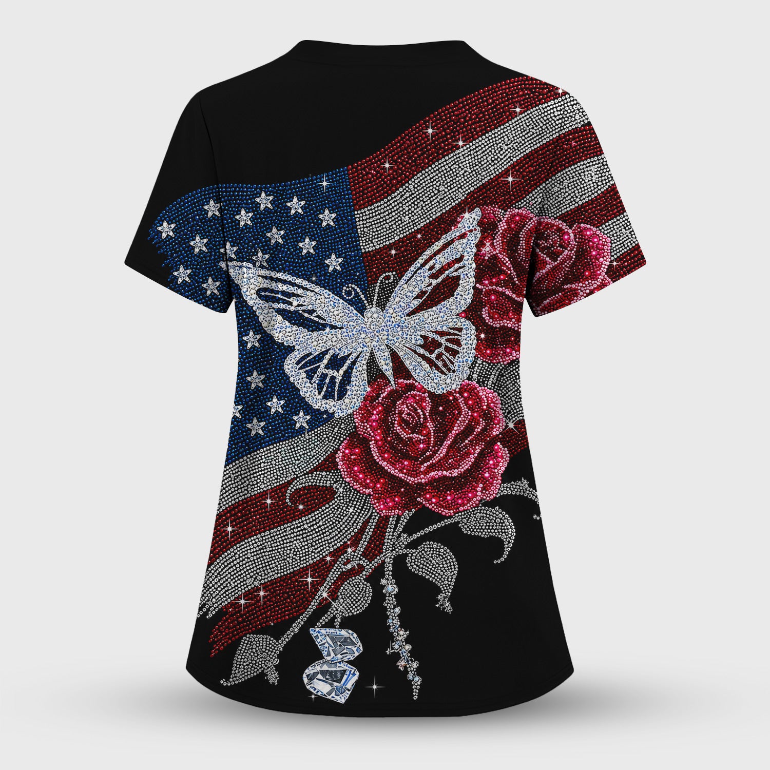 Patriotic Butterfly Rose Flag Print Scrub Set, Scrub Pants and V Neck Top