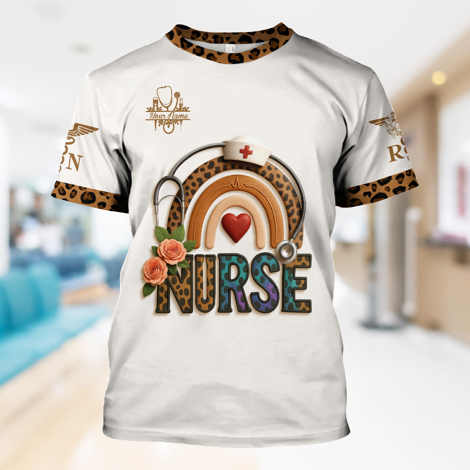 Funny Nurse Scrubs for Women - Leopard RN CNA LPN Uniform Top - Nursing Requirements Design with Custom Name