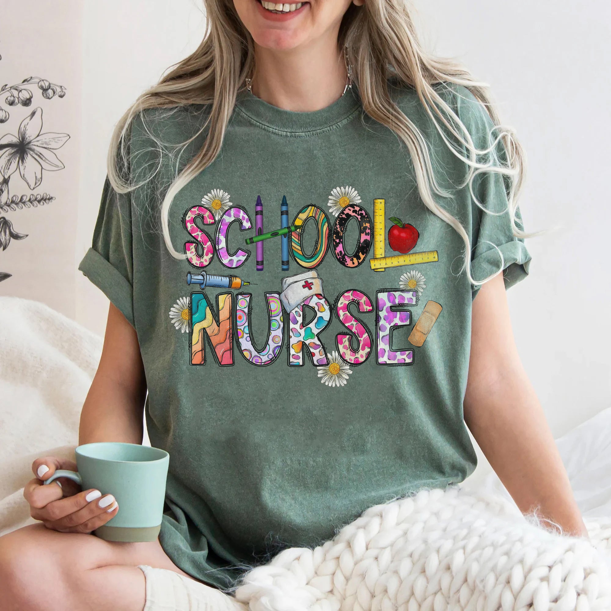 Cute School Nurse T-Shirt for Women – Colorful Letter Design with Crayons & Bandages – Fun Nurse Gift for Back to School