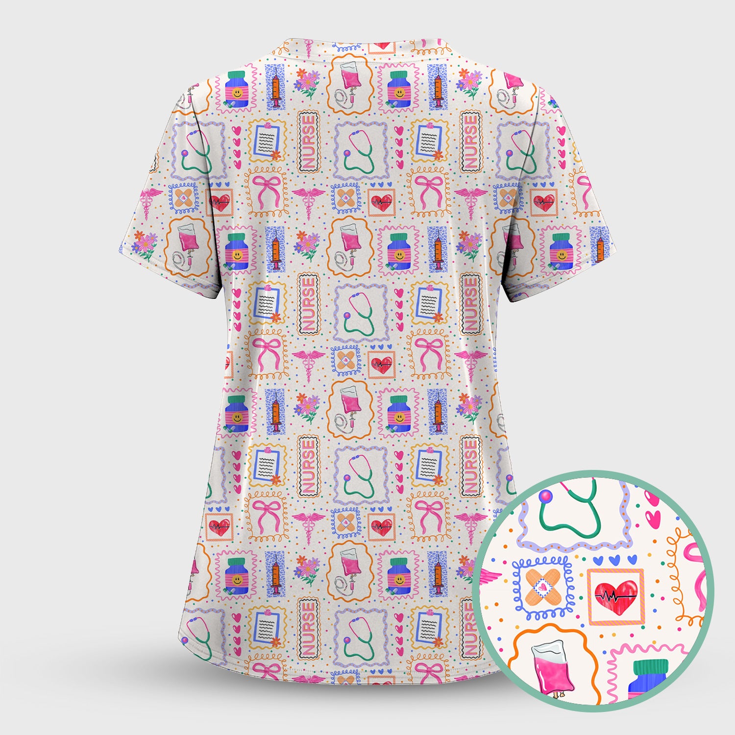 Colorful Nurse Medical Icon Pattern Scrub Top, Comfortable Scrubs for Nurses