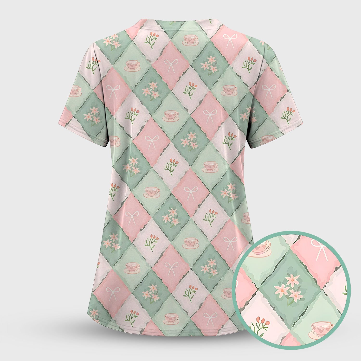 Flowers Tea Cups Pattern Scrubs Top, Comfortable Scrubs for Nurses