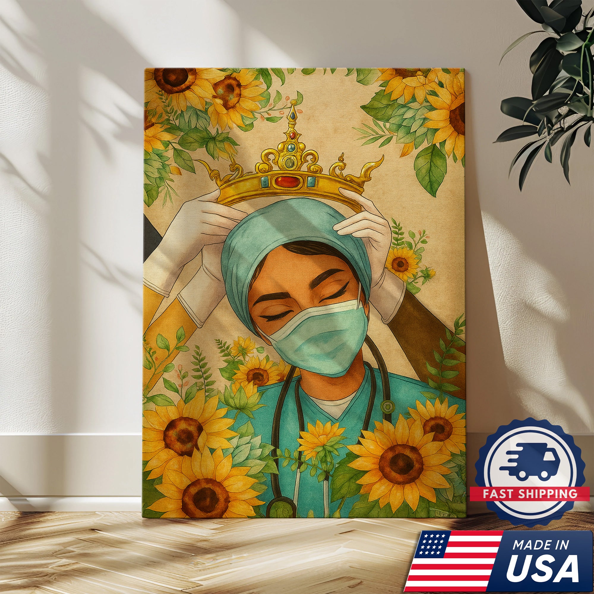 Nurse Crown Canvas Wall Art, Inspirational Healthcare Worker Gift, Sunflower Medical Office Home Decor