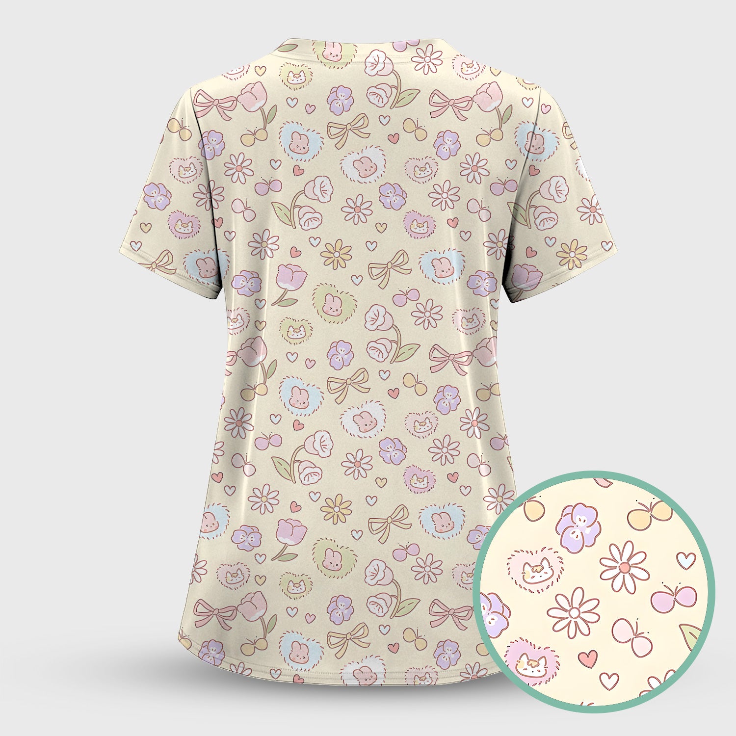 Pastel Bunny Flower Heart Pattern Nurse Scrub Top, Comfortable Scrubs for Nurses