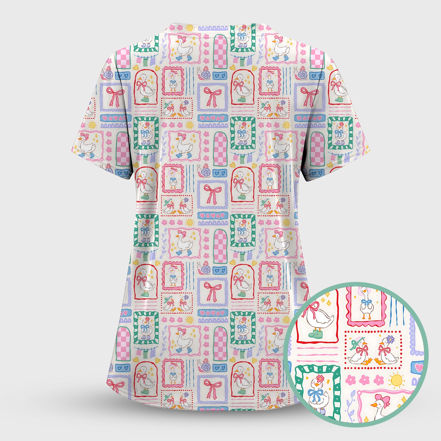Adorable Nurse Goose Ribbon Patchwork Frame Pattern Scrub Top, Comfortable Scrubs for Nurses