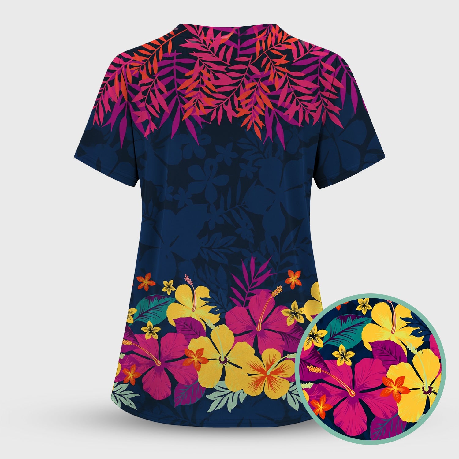 Tropical Hibiscus Palm Leaf Pattern Scrub Top, Comfortable Scrubs for Nurses