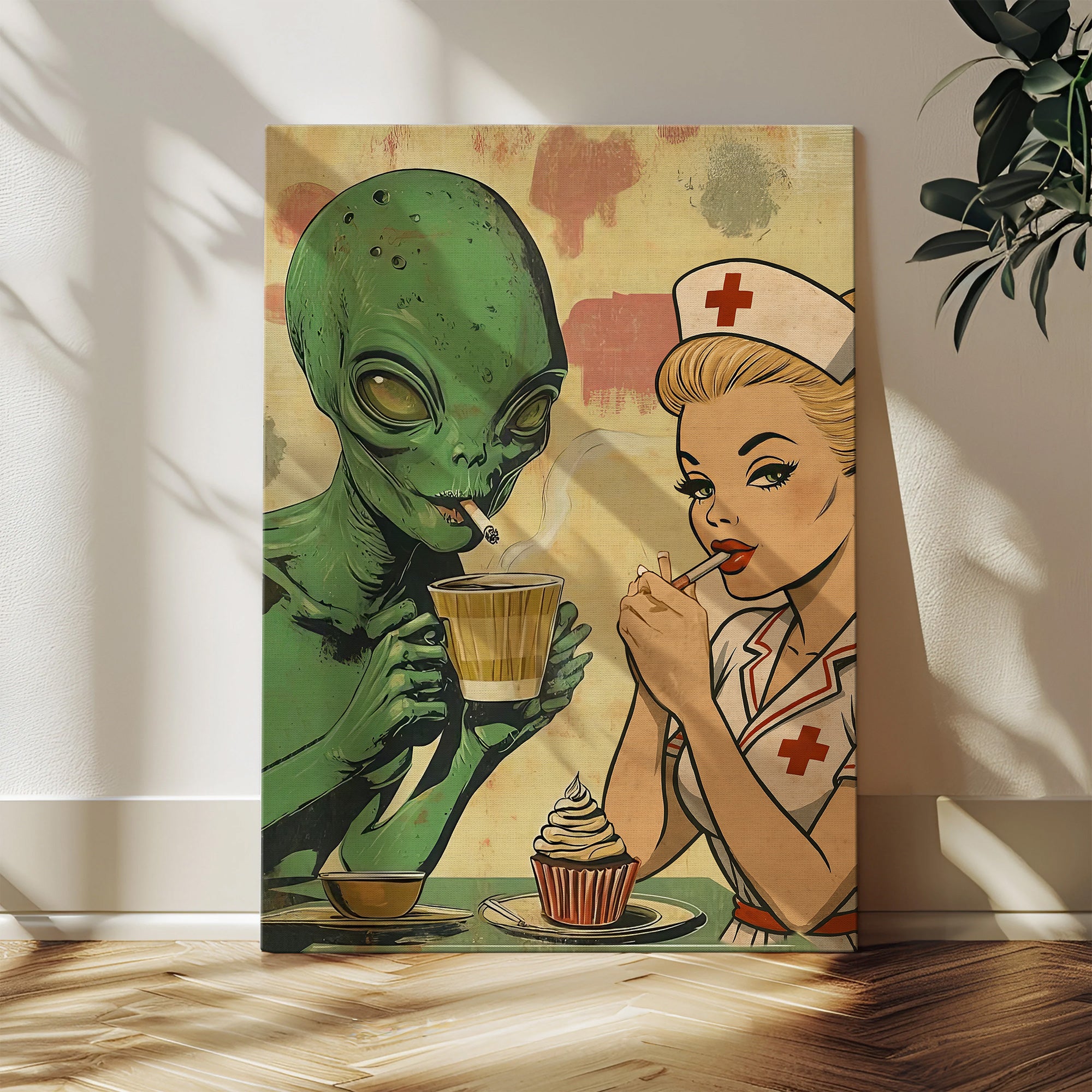 Funny Vintage Nurse & Alien Canvas, Retro Pop Art Smoking & Coffee Time Wall Art, RN LPN CNA Gift